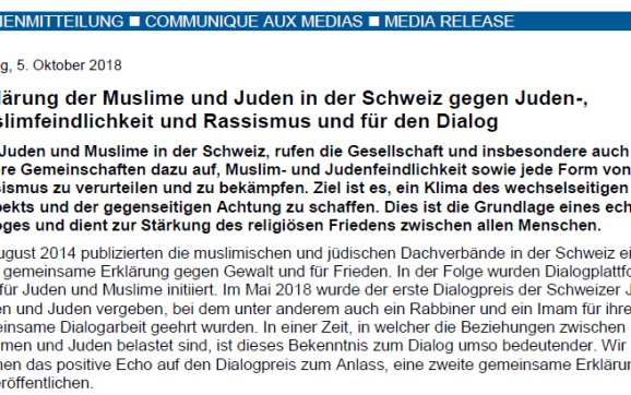 Gemeinsame Erklärung von Juden und Muslimen in der Schweiz gegen Juden- und Muslimfeindlichkeit und Rassismus und für den Dialog
