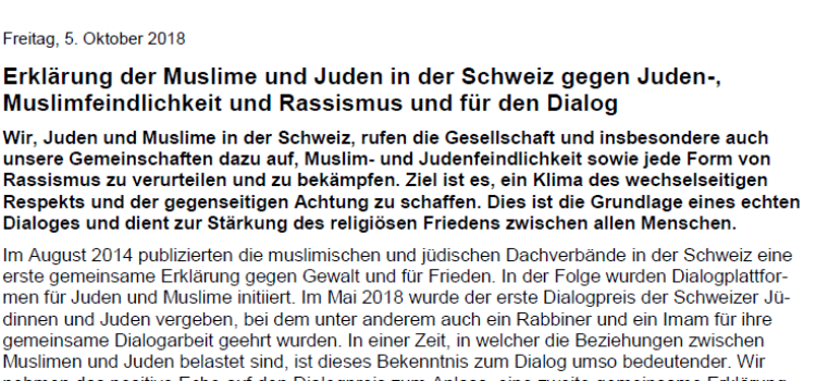 Gemeinsame Erklärung von Juden und Muslimen in der Schweiz gegen Juden- und Muslimfeindlichkeit und Rassismus und für den Dialog
