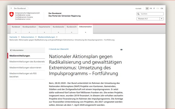 Nationaler Aktionsplan gegen Radikalisierung und gewalttätigen Extremismus: Umsetzung des Impulsprogramms – Fortführung