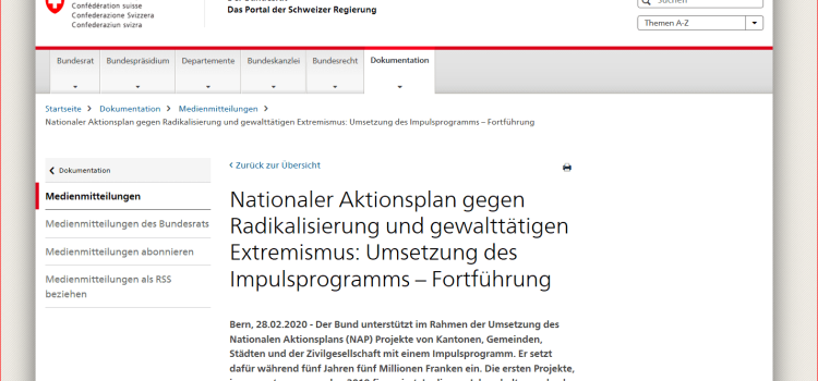 Nationaler Aktionsplan gegen Radikalisierung und gewalttätigen Extremismus: Umsetzung des Impulsprogramms – Fortführung